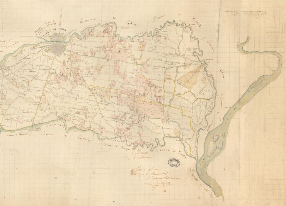 L’area di progetto nella «Carta topografica della seconda sezione dei beni stabili del Patrimonio dello Stato esistenti tra i Torrenti Enza e Parma» eseguita da Pietro Mazza nel 1826 (particolare). (ASPr, Mappe del Patrimonio dello Stato, n. 742).