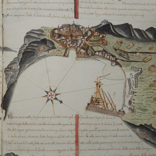 Immagine di un manoscritto raffigurante una città.